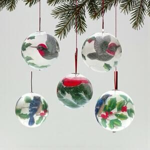 Lot 5 Glass Bird Ornaments Reverse Painted Christmas Tree With Boxes Vintage